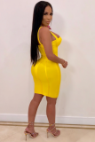 Yellow Polyester Sexy Fashion Tank Sleeveless Slip Step Skirt Knee-Length asymmetrical Solid Patchwork Clu