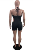 Black Sexy Solid Hollowed Out Backless Spaghetti Strap Skinny Romper