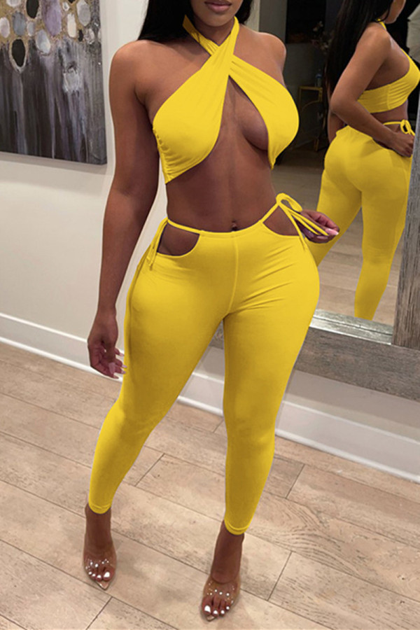Yellow Fashion Sexy Solid Backless Halter Sleeveless Two Pieces