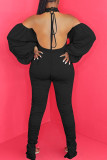 Black Fashion Sexy Adult Knitting Solid Backless Halter Straight Jumpsuits