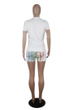 White Fashion Casual Print Basic O Neck Short Sleeve Two Pieces