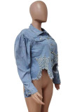 Blue Casual Solid Beading Long Sleeve Denim
