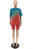 Blue Red Casual Gradual Change Split Joint O Neck Short Sleeve Two Pieces
