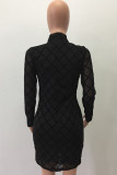 Black Sexy Long Sleeves O neck Sheath Knee-Length Mini Geometric Club Dresses