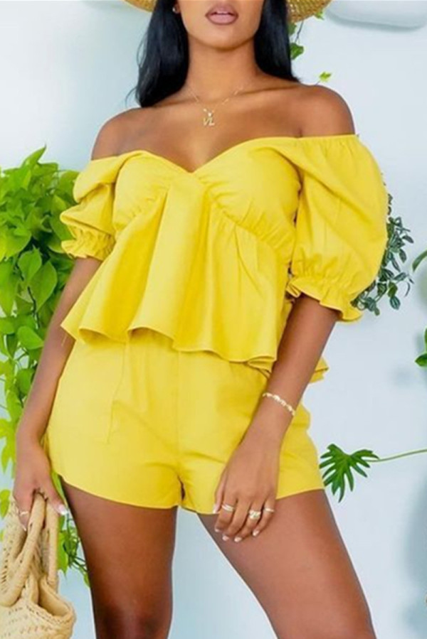 Yellow Casual Solid Backless Off the Shoulder Short Sleeve Two Pieces
