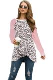 Pink Polyester O Neck Long Sleeve Print Leopard asymmetrical Tees & T-shirts