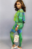 Green Cotton Sexy Two Piece Suits Print pencil Long Sleeve