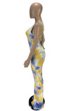Multicolor Sexy Casual Print Tie Dye Backless U Neck Regular Jumpsuits