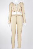 Apricot Casual Solid Tassel Patchwork O Neck Long Sleeve Two Pieces