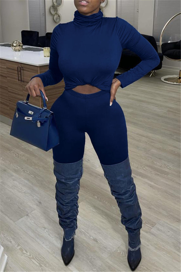 Tibetan Blue Casual Solid Basic Turtleneck Long Sleeve Two Pieces