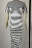 Grey Sexy Striped Print Patchwork V Neck Dresses