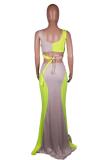 Yellow Polyester Sexy Fashion adult Bandage Two Piece Suits HOLLOWED OUT contrast color Skinny Sleeveless