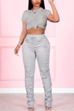 Grey Work Daily Solid O Neck Short Sleeve Two Pieces