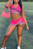 Pink Sexy Casual Letter Print Asymmetrical U Neck Sleeveless Two Pieces