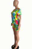 Red-green venetian Fashion adult Ma'am Street Print Tie Dye Two Piece Suits pencil Short Sleeve Two Pieces