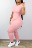 Pink Work Solid Short Sleeve O Neck Jumpsuits