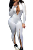 White Sexy Milk Fiber Solid Slit O Neck Skinny Jumpsuits