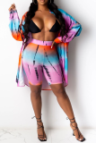 Purple Sexy Patchwork Tie-dye Turndown Collar Long Sleeve Two Pieces