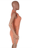 Pink Fashion Sexy Solid Hollowed Out Strap Design Turndown Collar Sleeveless Dress