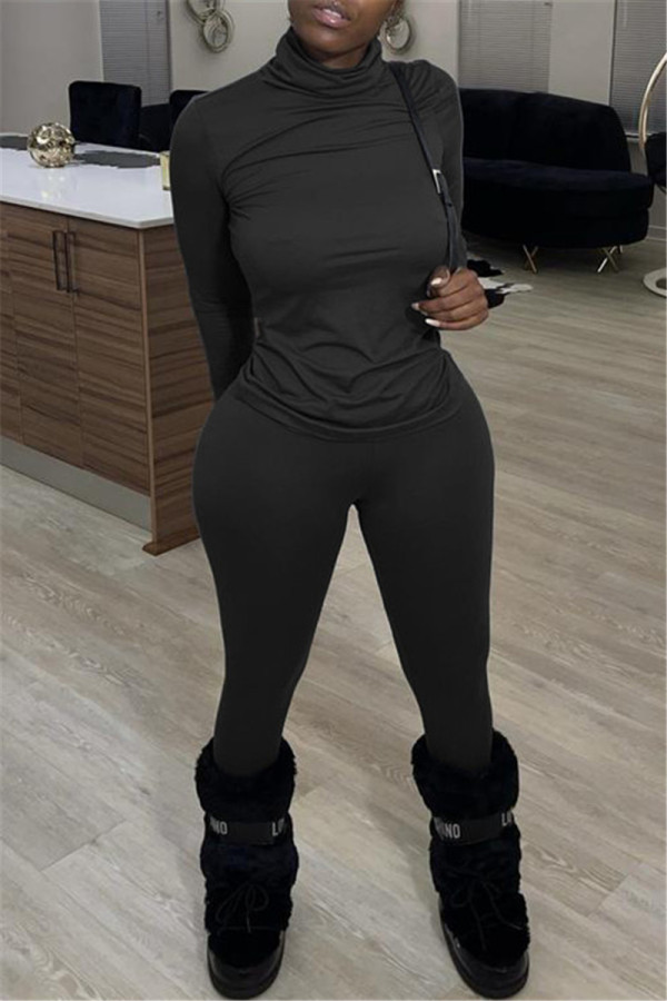 Black Casual Solid Basic Turtleneck Long Sleeve Two Pieces