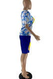 Blue Fashion Casual Print O Neck Short Sleeve Two Pieces