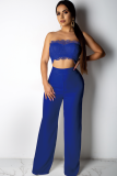 Blue Polyester Fashion Sexy Patchwork Solid Lace Trim Casual Two-piece Pants Set