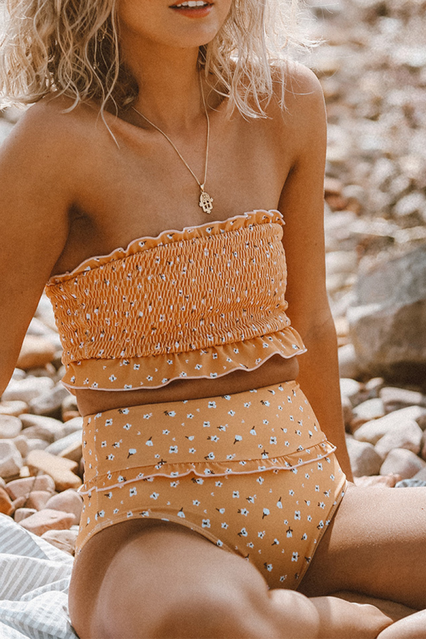 Yellow Sexy Print Split Joint Swimwears