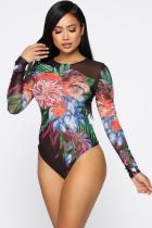 Black Fashion Sexy Print Floral Patchwork Polyester Long Sleeve O Neck
