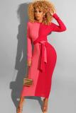 Red Sexy Fashion adult Cap Sleeve Long Sleeves O neck Step Skirt Ankle-Length Solid bandage Pa