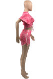 Pink Fashion Casual Solid Strap Design V Neck Short Sleeve Two Pieces