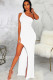 White Polyester Sexy One Shoulder Sleeveless one shoulder collar Step Skirt Floor-Length Solid Patchwork