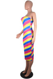 Multi-color Polyester Sexy Fashion adult Off The Shoulder Sleeveless Wrapped chest Step Skirt Mid-Calf Print Str