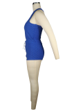 Blue Sexy Solid Backless O Neck Sleeveless Two Pieces