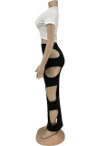 Yellow Fashion Sexy Solid Hollowed Out Asymmetrical V Neck Short Sleeve Two Pieces