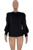 White Polyester O Neck Long Sleeve Puff sleeve Patchwork asymmetrical Solid Long Sleeve Tops