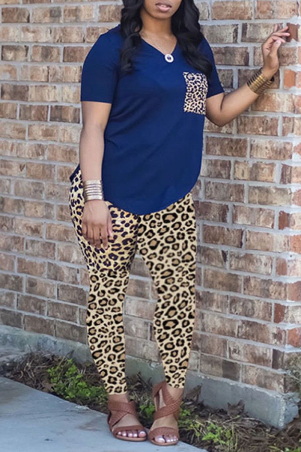 Blue Fashion Casual Leopard Printing V Neck Short Sleeve Two Pieces