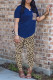 Blue Fashion Casual Leopard Printing V Neck Short Sleeve Two Pieces