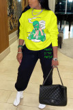 Yellow Fashion Casual Print Basic O Neck Long Sleeve Two Pieces