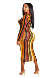 Stripe Sexy Long Sleeves V Neck Step Skirt Mid-Calf Striped 
