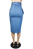 Baby Blue Fashion Casual Solid Slit Regular High Waist Skirt