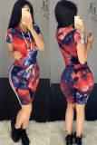 Blue Fashion Sexy adult Ma'am Patchwork Print Two Piece Suits pencil Short Sleeve Two Pieces
