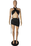 Yellow Sexy Solid Bandage Draw String Backless Halter Sleeveless Two Pieces