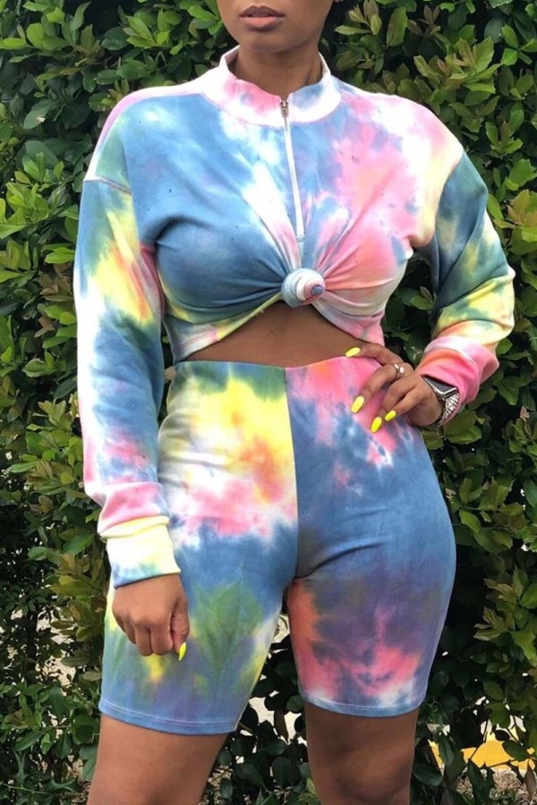 Blue Fashion Casual Print Tie-dye Zipper Collar Long Sleeve Two Pieces