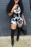 Black Sexy Print Hollowed Out Half A Turtleneck Skinny Rompers
