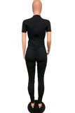 Black Fashion Casual Solid Draped Polyester Short Sleeve O Neck Jumpsuits