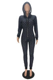 Black Sexy Print Without Belt Hooded Collar Regular Jumpsuits