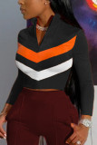 Black Mandarin Collar Long Sleeve Striped Patchwork contrast color Tops