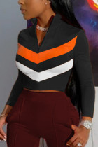 Black Polyester Mandarin Collar Long Sleeve Striped Patchwork contrast color Tops