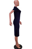 Hide Blue Sexy Short Sleeves O neck Swagger Knee-Length Solid split Dresses