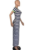 Green Fashion Casual Red Green Yellow Cap Sleeve Short Sleeves O neck Step Skirt Ankle-Length Striped Print Dresses